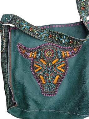 Teal Leather Satchel with Embroidered Bull Motif
